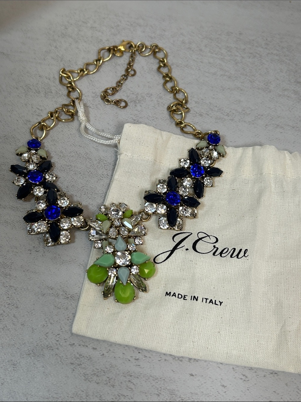 J. Crew Lime Green, Royal Blue and Clear Crystal Bib Necklace